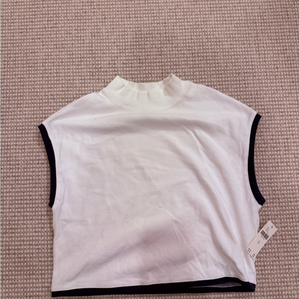 Anthropologie White Short Sleeve Top with Navy Trim